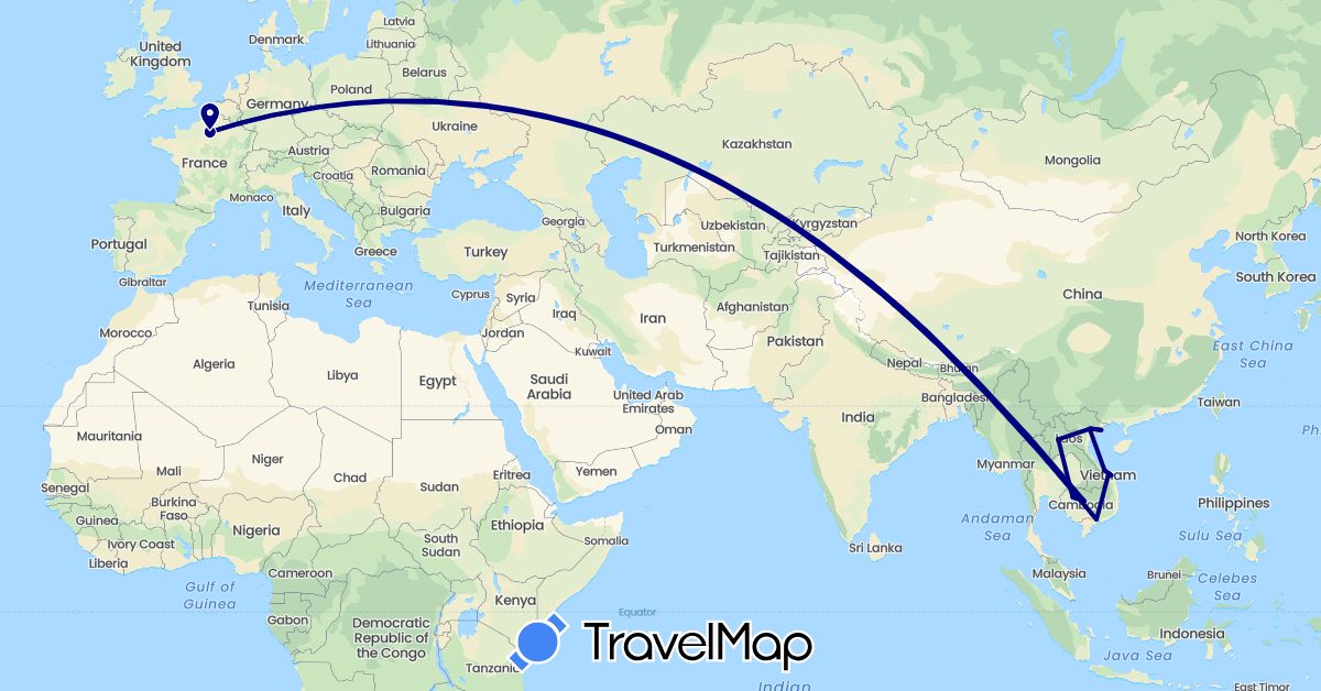 TravelMap itinerary: driving, plane in France, Cambodia, Laos, Vietnam (Asia, Europe)