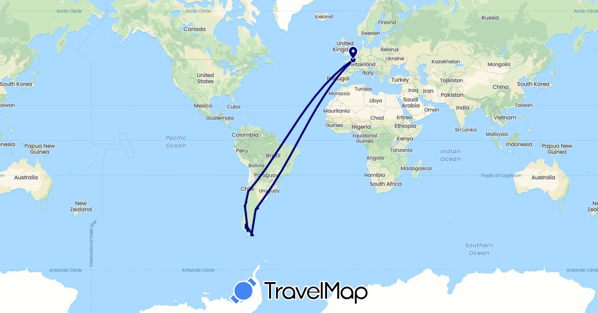 TravelMap itinerary: driving in Argentina, Chile, France (Europe, South America)