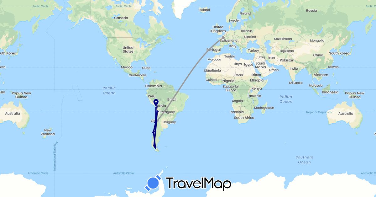 TravelMap itinerary: driving, plane in Chile, France (Europe, South America)
